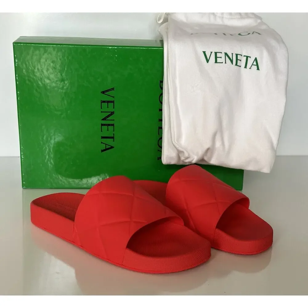 NIB $390 Bottega Veneta Slider Patterned Rubber Sandals Tomato 12 US (45) 640050